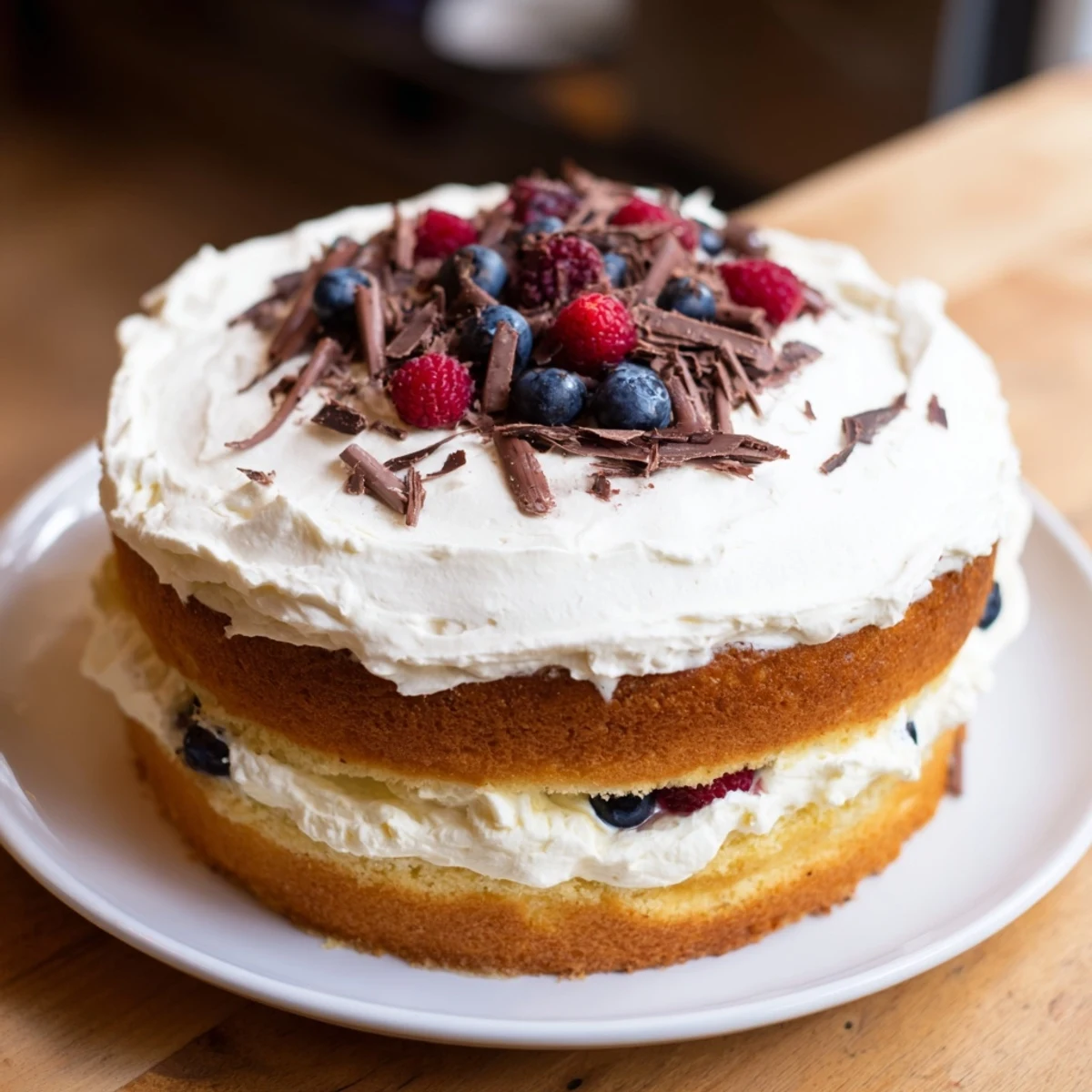 Indulge in a slice of this magnificent Creamy Layer Cake, frosted with smooth, sweet cream.