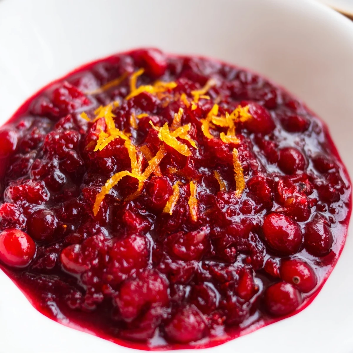 A close-up of sweet and tart cranberry topping sauce, perfect for cheesecake, with orange zest visible.
