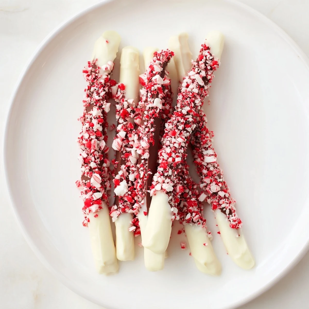 Festive Peppermint Stick Stirrers, dipped in white chocolate and coated with crushed peppermint, look delicious.