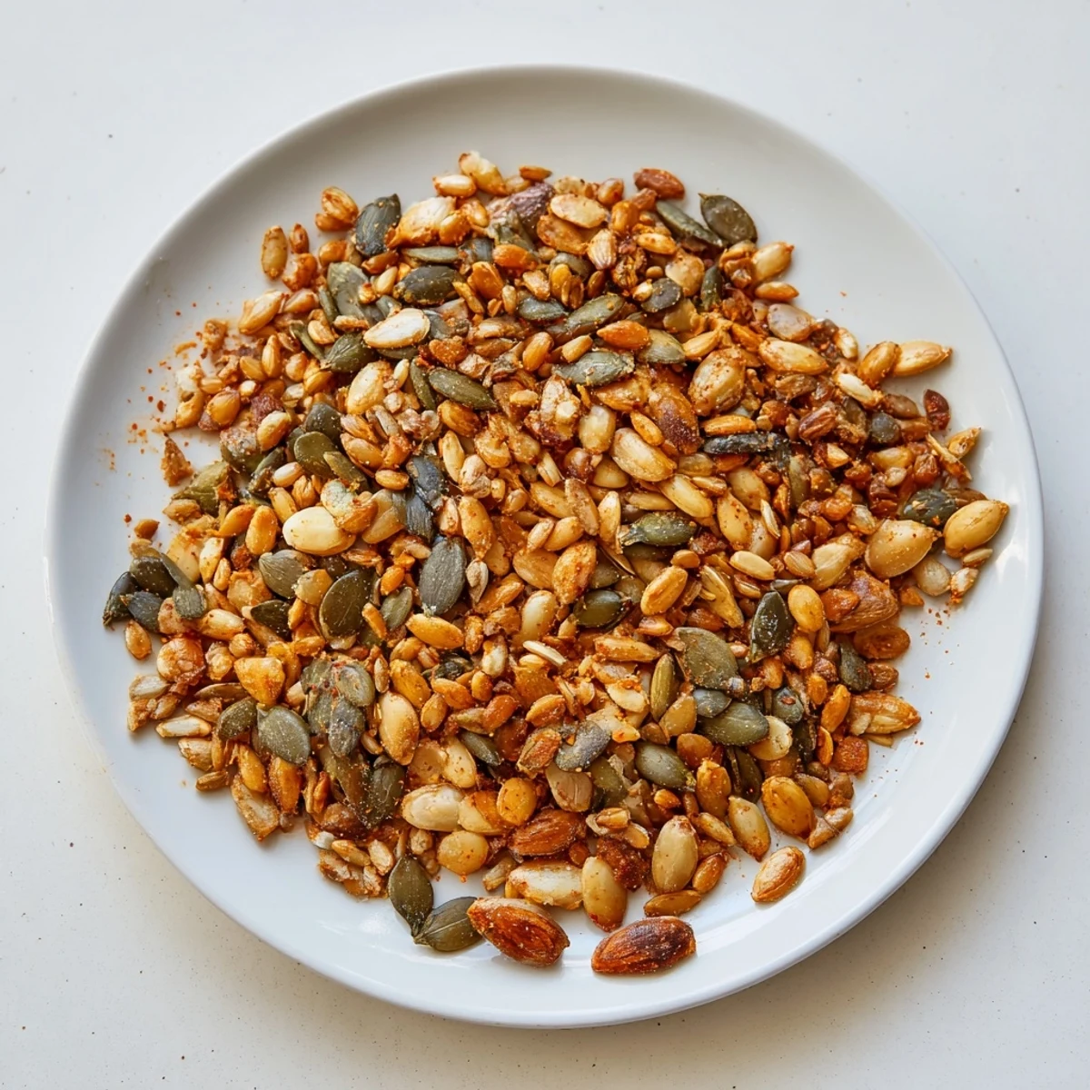 Golden, crunchy roasted seed mix, perfect for snacking—a flavorful and satisfying treat.