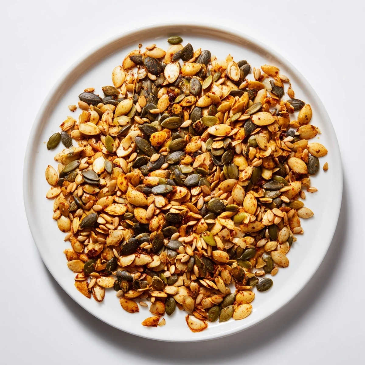 Close-up of a beautifully roasted seed mix, offering a savory aroma and delicious, toasty crunch.