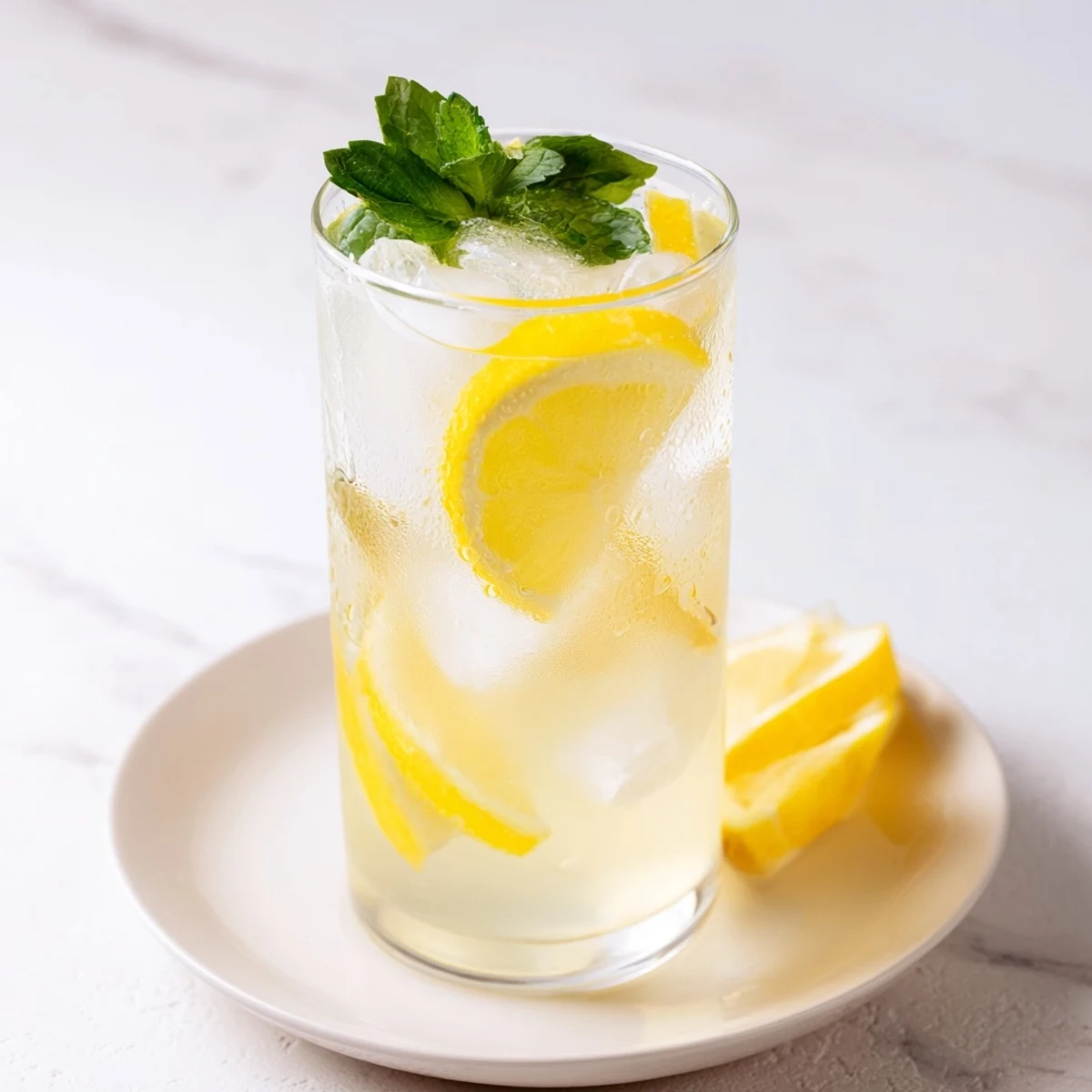 Bright yellow Lemon Squeeze Juice in a clear pitcher with ice and lemon slices, so refreshing.