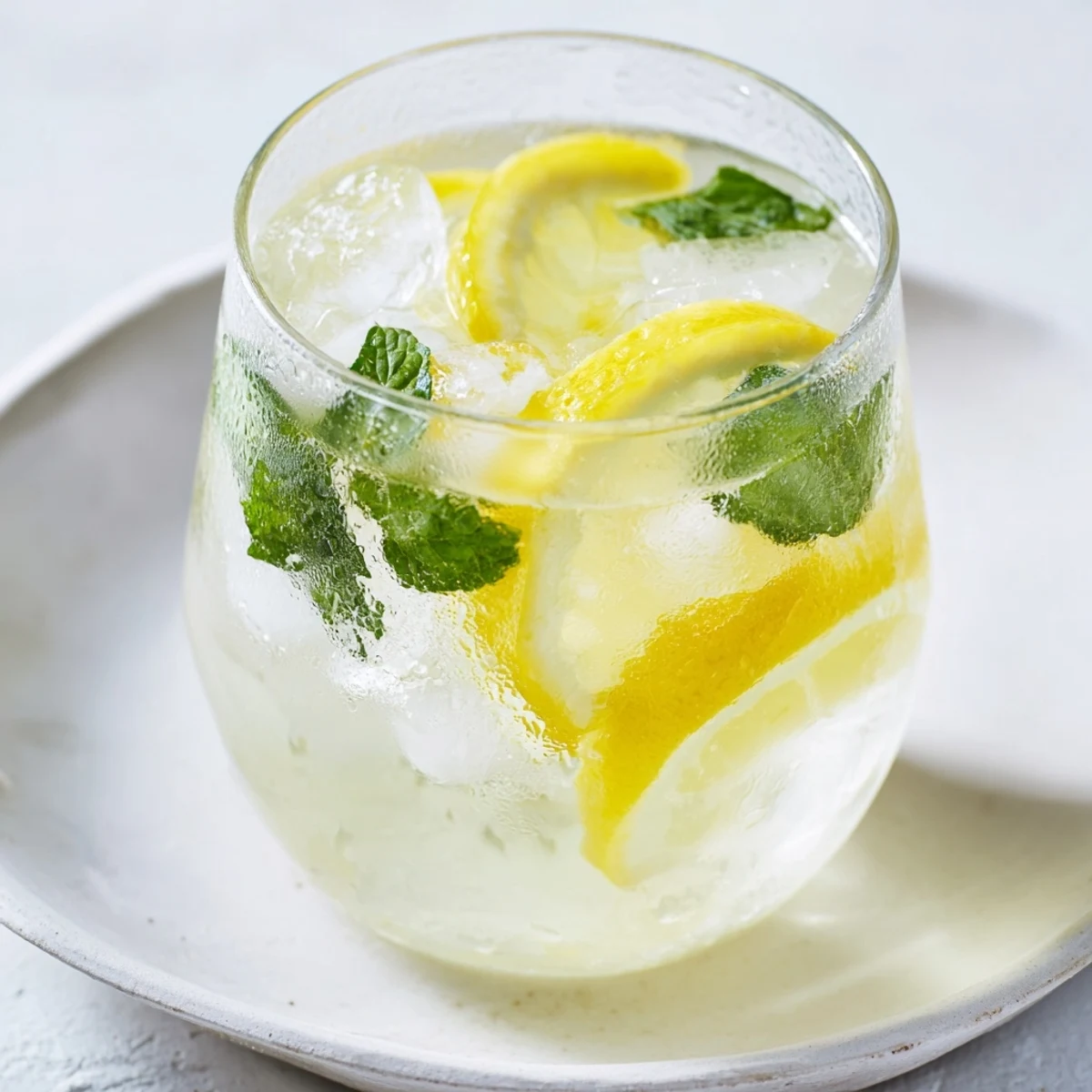 Beautifully clear glasses overflowing with icy cold Lemon Squeeze Juice, garnished with mint and lemon.
