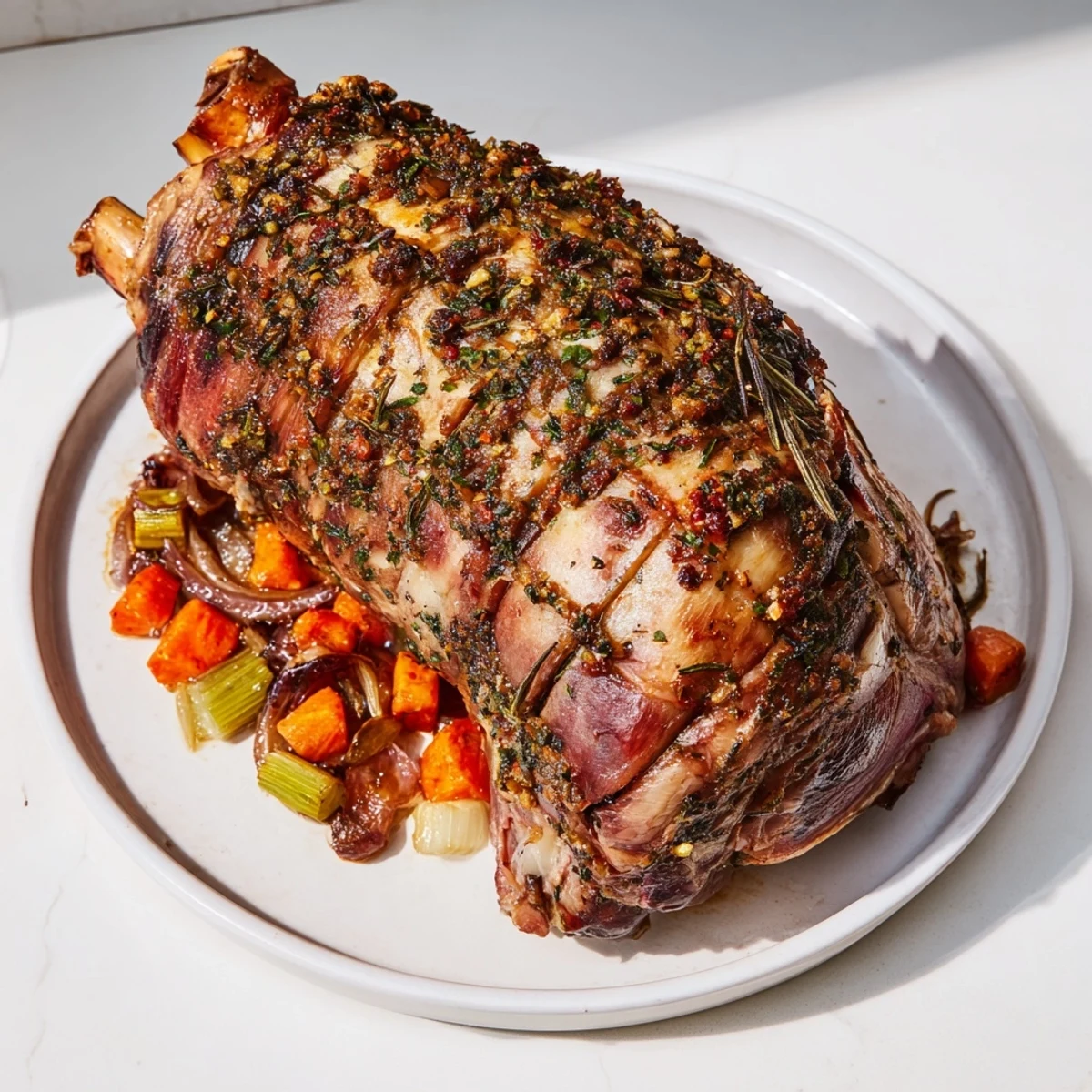 Tender roast lamb with herbs, beautifully browned and resting on roasted vegetables, is ready to serve.