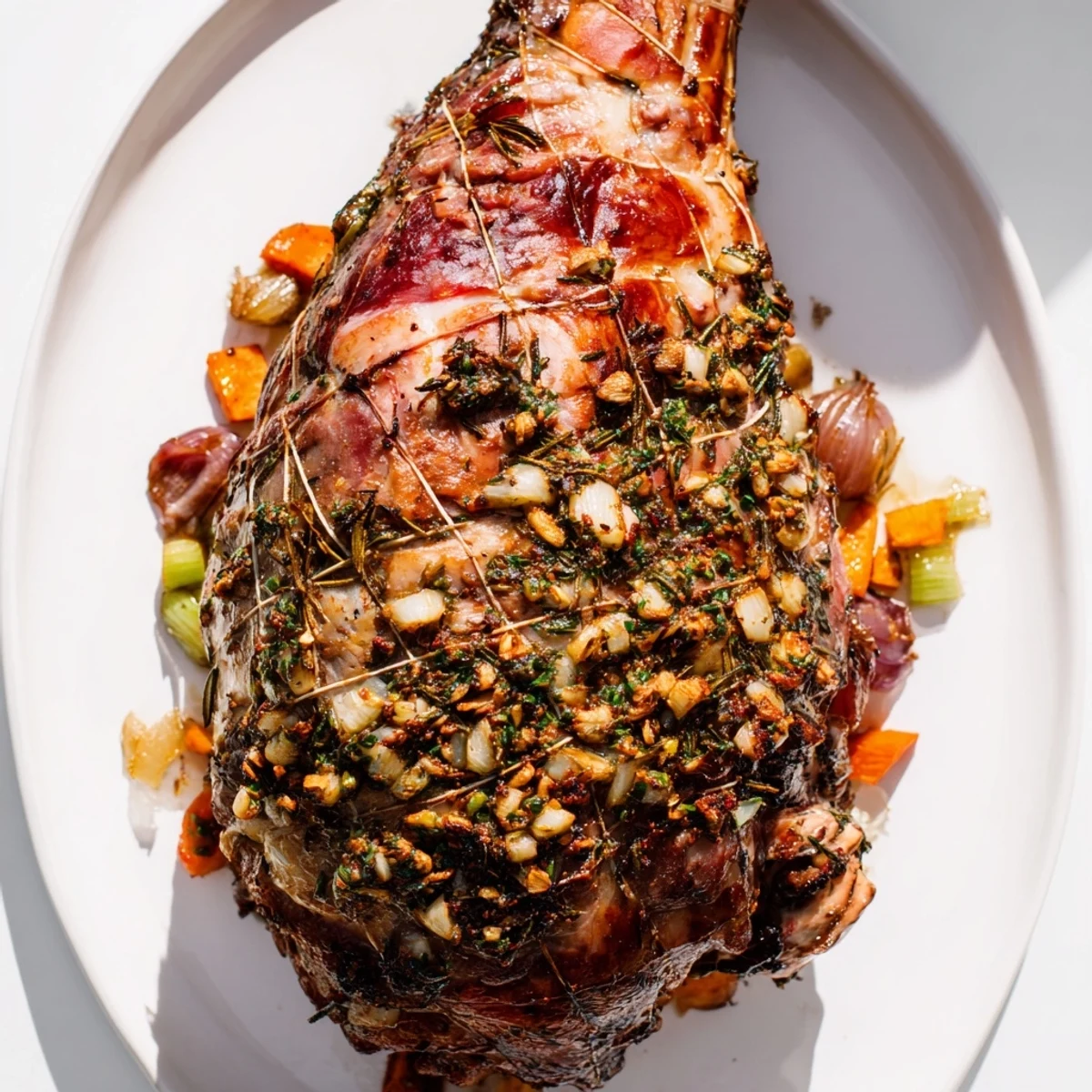 A close-up of a perfectly cooked roast lamb with herbs, showing juicy, flavorful meat after resting.