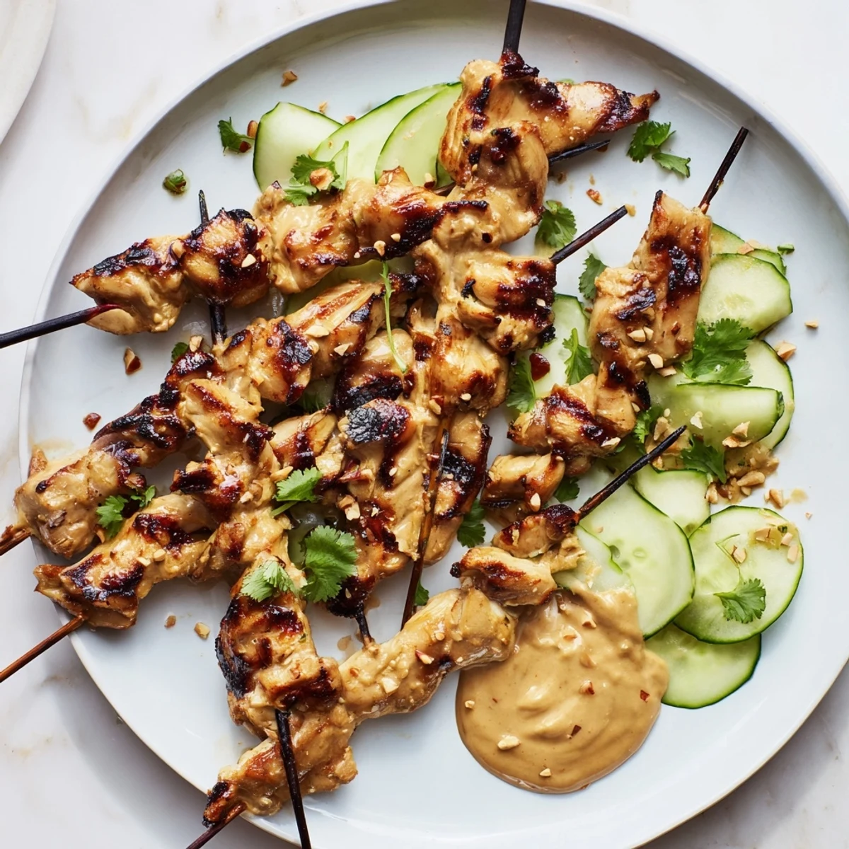 Perfectly grilled chicken satay presented with fresh cilantro and a rich, dark peanut sauce for dipping.