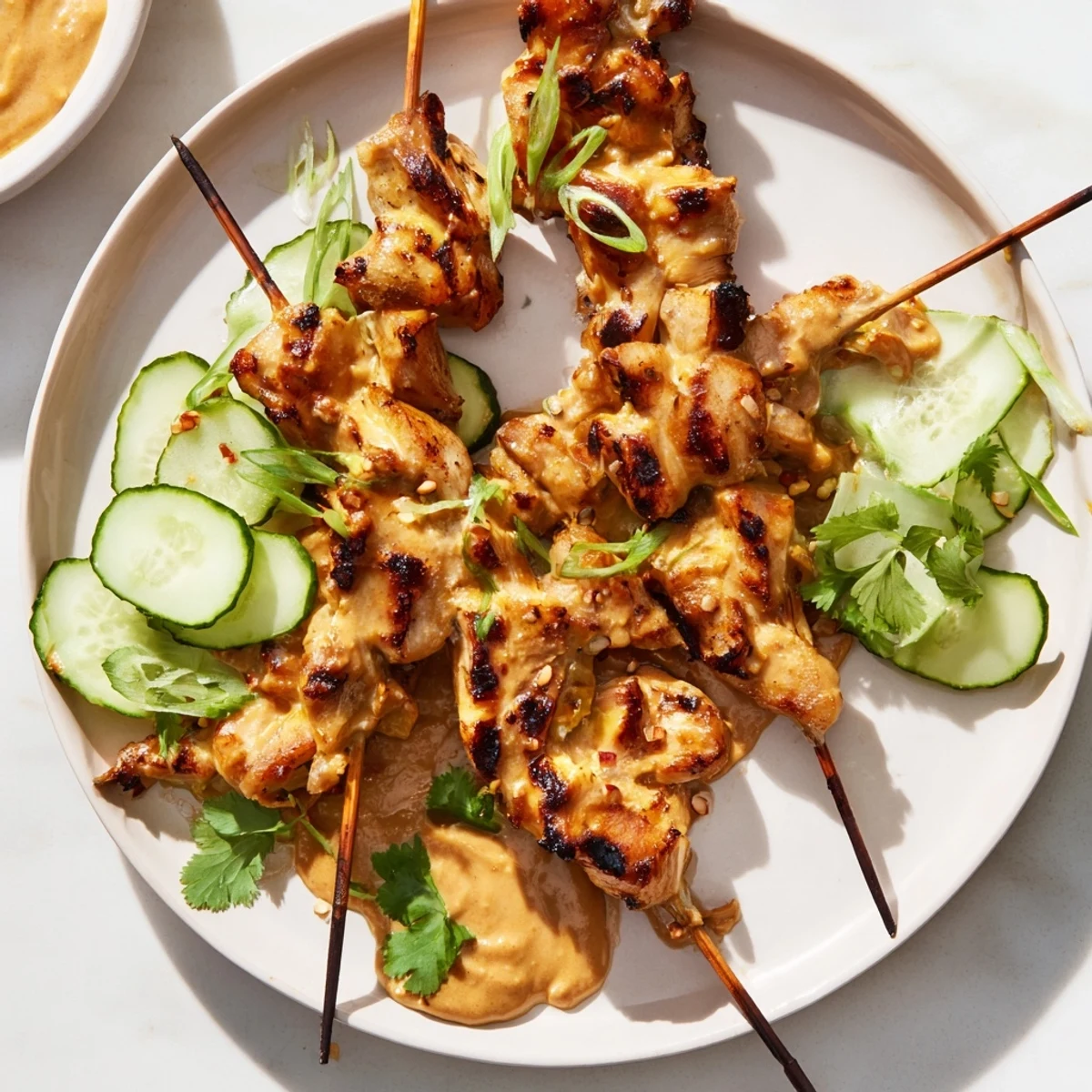 Close-up of succulent chicken satay, showcasing the flavorful peanut sauce and lime wedges alongside.
