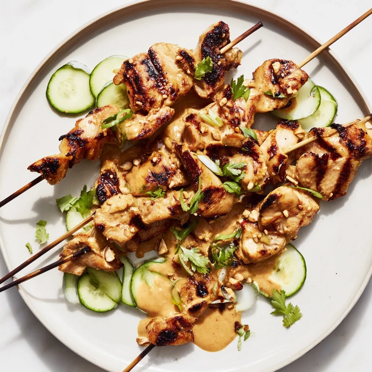 Tender chicken satay skewers glistening from the grill, ready to be dipped into creamy peanut sauce.