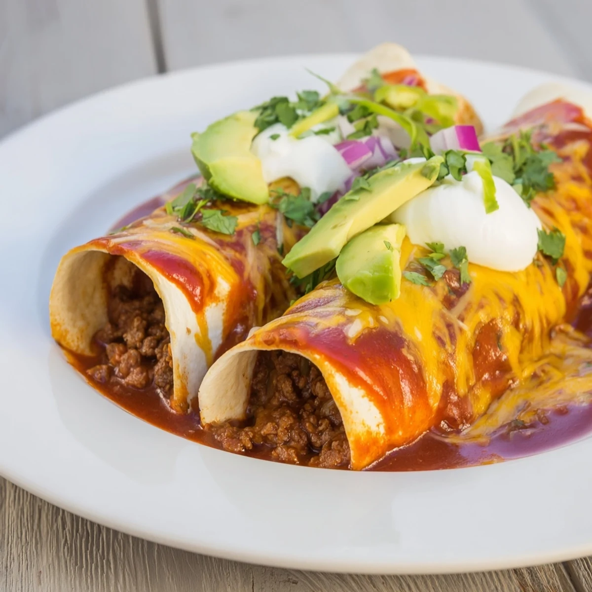 Golden, bubbling cheese tops freshly baked beef enchiladas, a delicious, comforting Mexican-inspired meal.