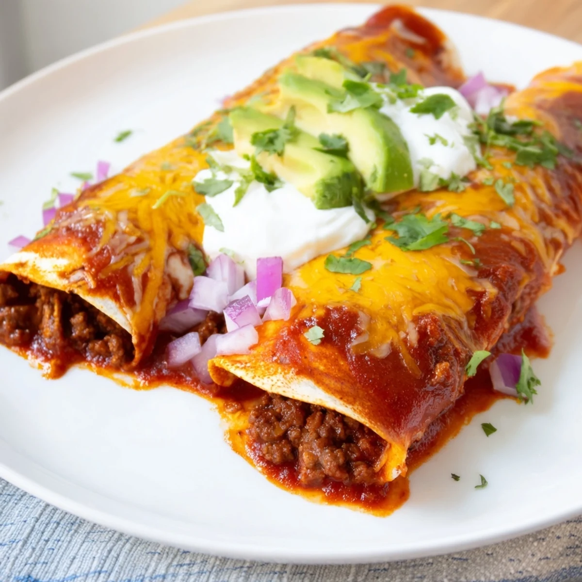 A vibrant photo of sizzling beef enchiladas, the warm, cheesy dish perfect for a family dinner.