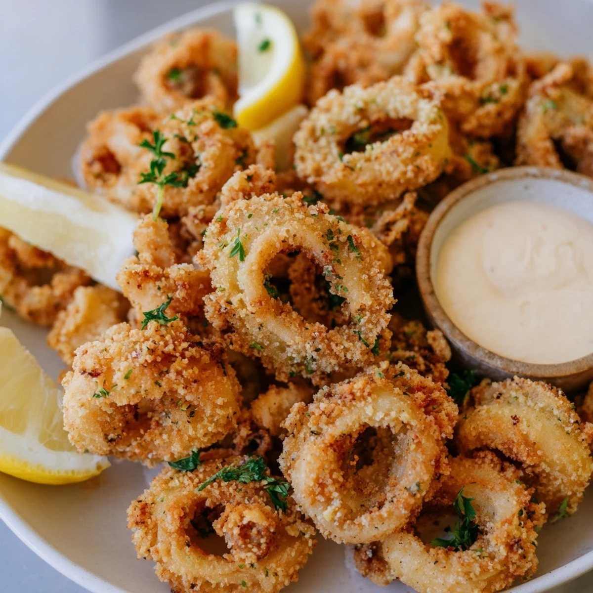 Golden-brown fried calamari rings ready to be dipped, served with lemon wedges and aioli.