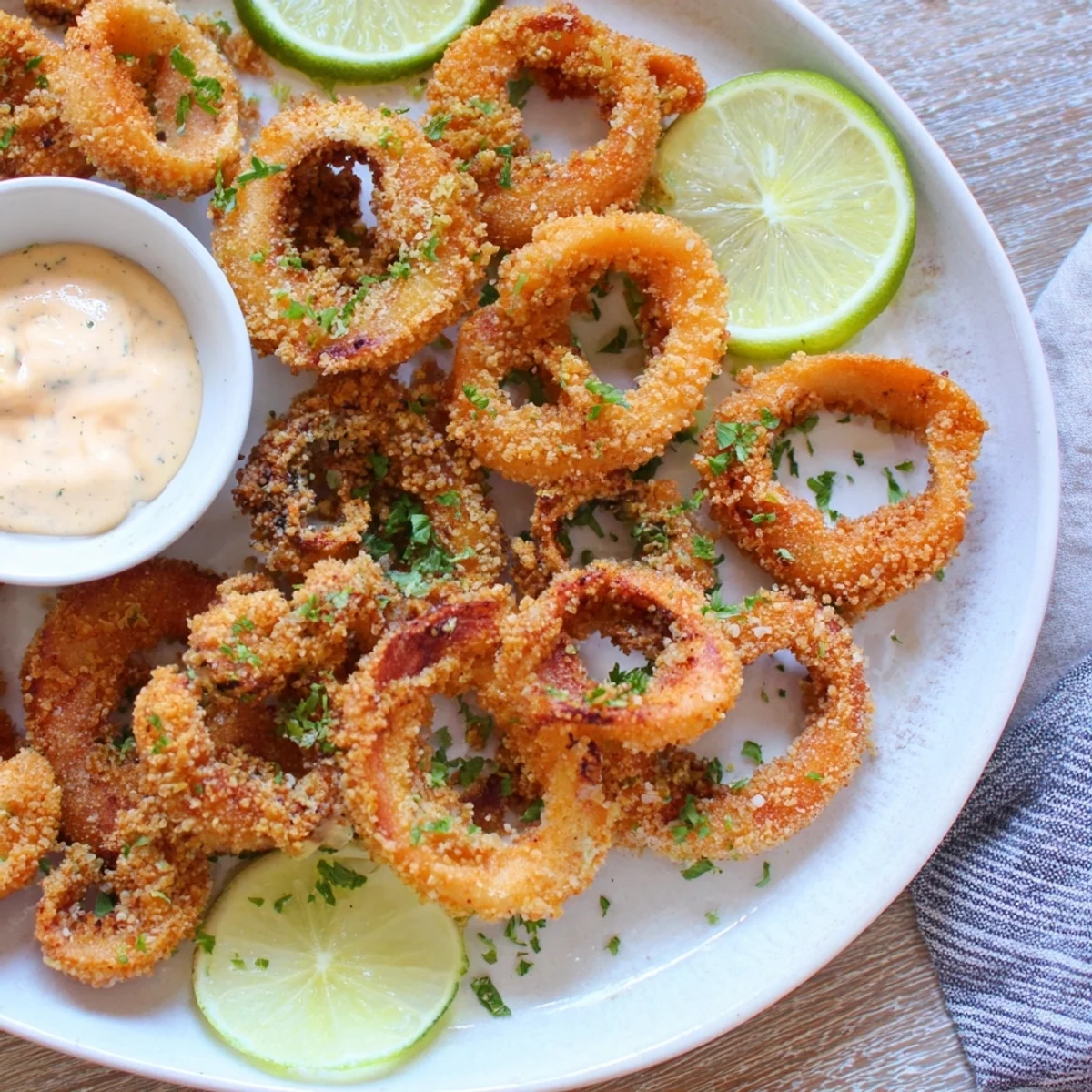 Crispy fried calamari, a Mediterranean appetizer, with visible texture and a sprinkle of parsley.