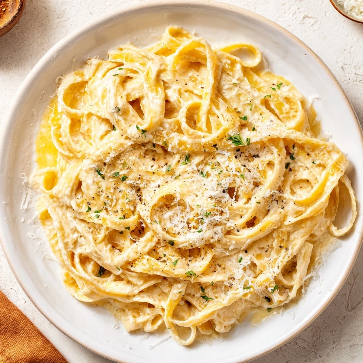 Creamy fettuccine Alfredo pasta, topped with fresh parsley, ready for a delicious Italian dinner.