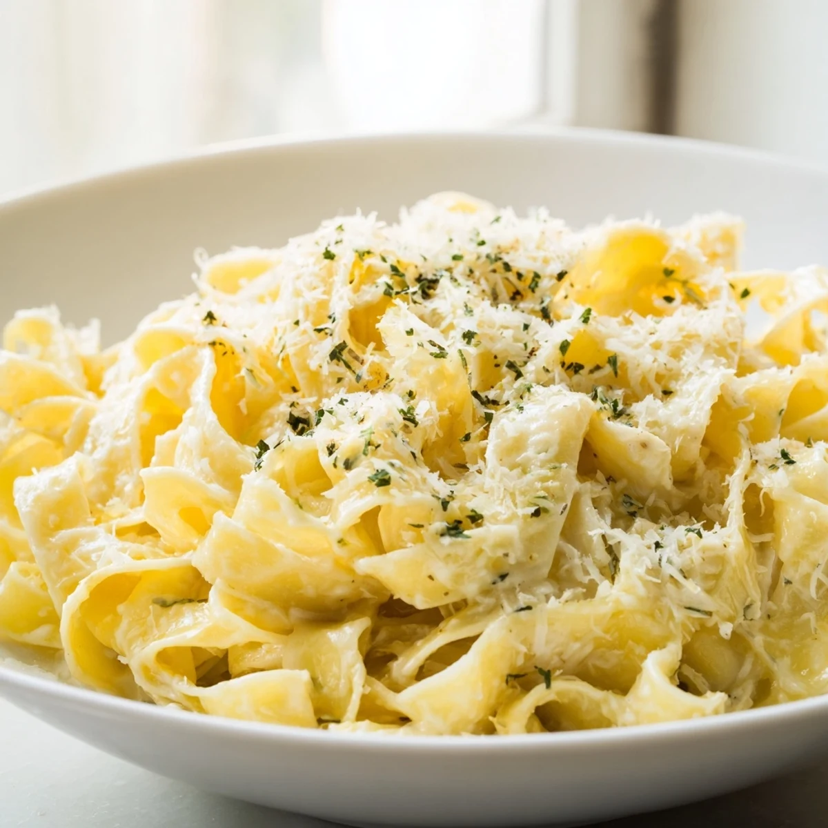 A steaming bowl of fettuccine Alfredo, showcasing the rich, cheesy Parmesan sauce, ready to eat.
