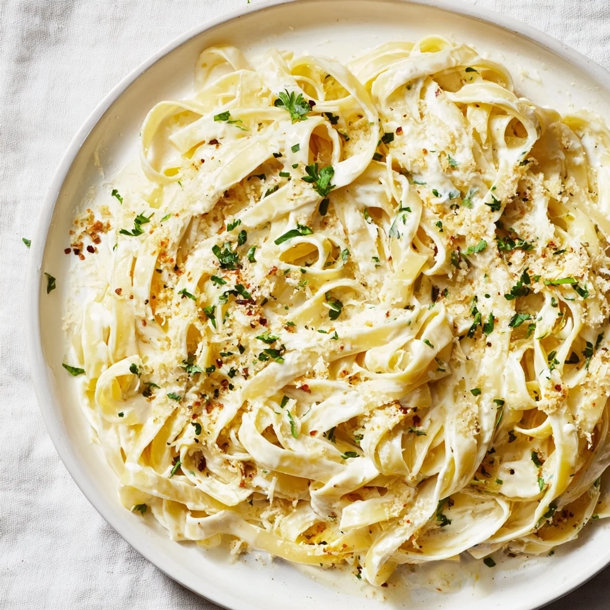 Close-up of golden fettuccine Alfredo, a comfort food classic, perfect for a cozy weeknight meal.