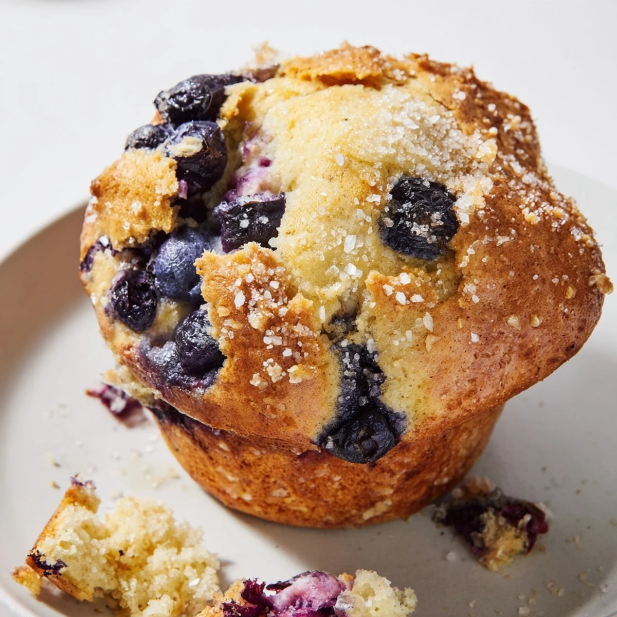 Warm, homemade blueberry muffins with a satisfying slightly sweet crumb, presented on a plate.