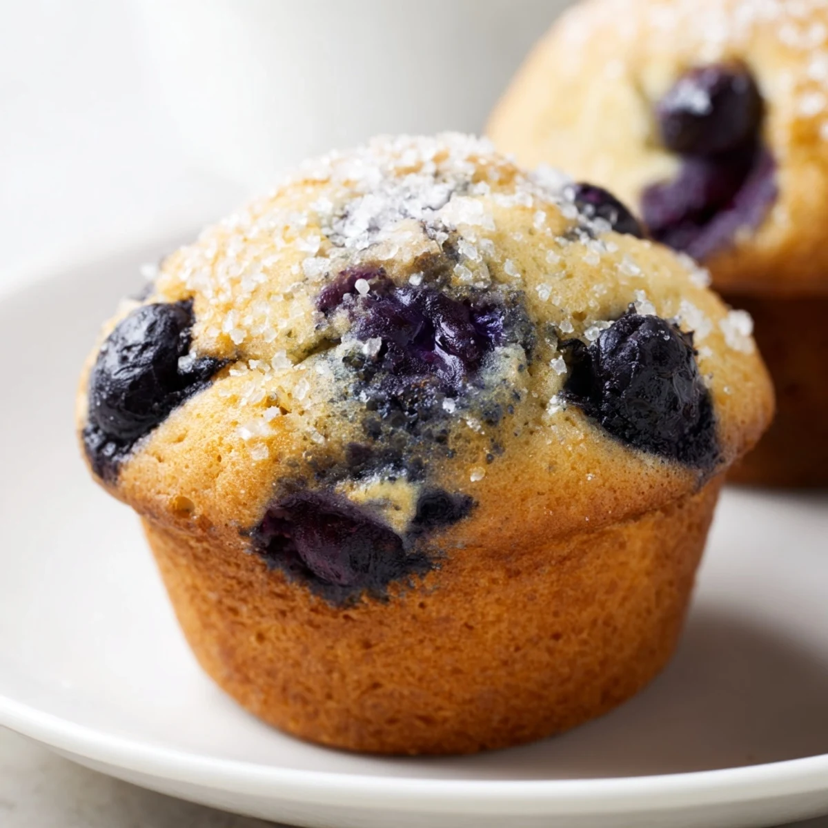 Fluffy, golden blueberry muffins, studded with juicy berries, ready for a delicious breakfast.