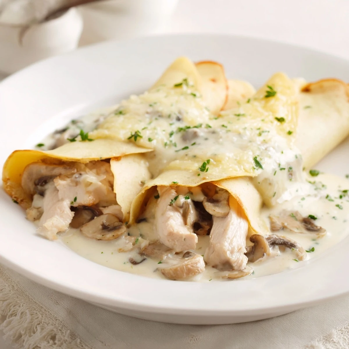 Golden-brown Chicken Crêpes, filled with a creamy chicken and mushroom filling, ready to be enjoyed.