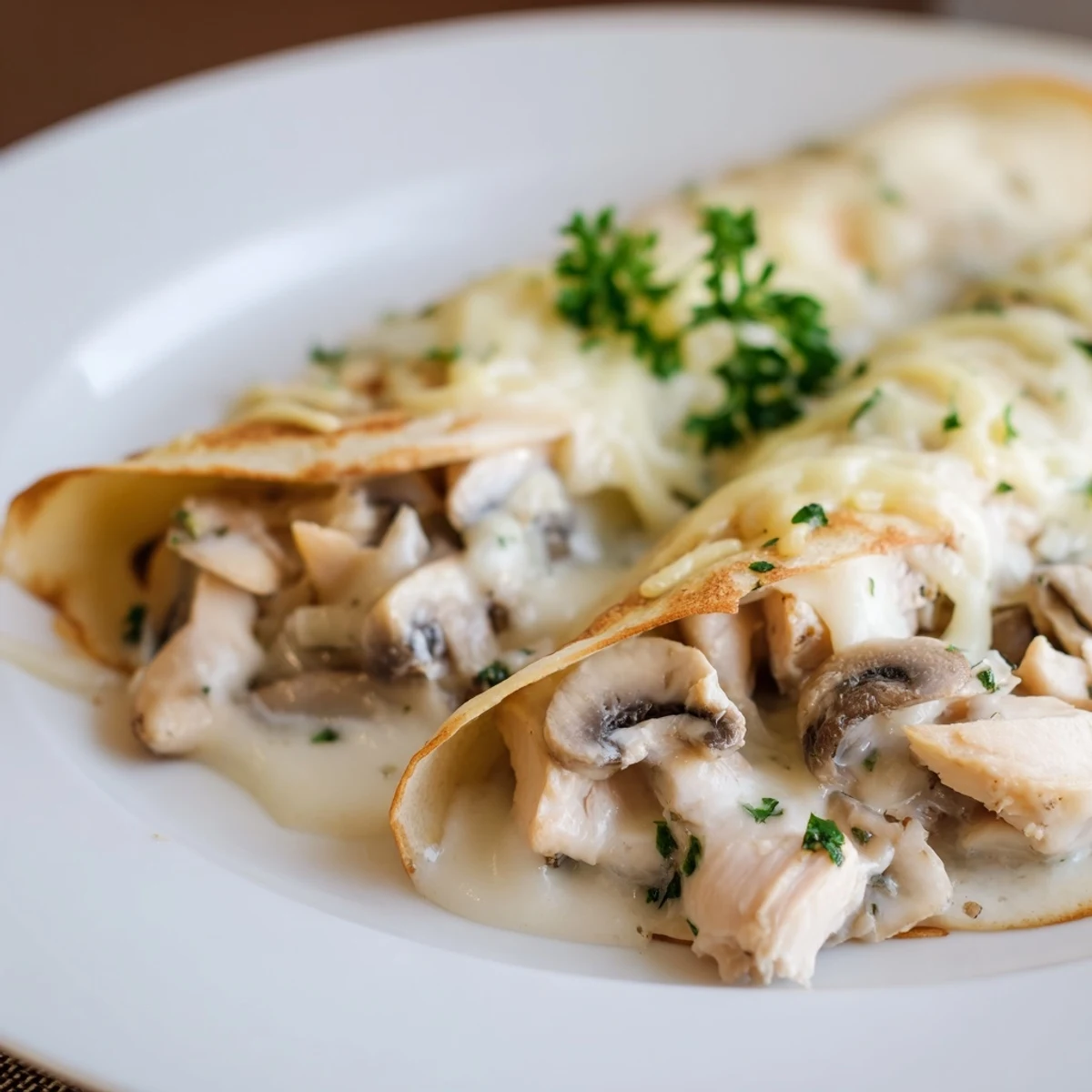 Close-up of a Chicken Crêpes, with steam rising, showcasing the delicious filling and perfect crepes.