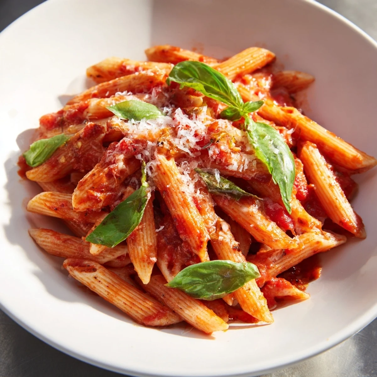 Steaming bowl of tomato pasta, glistening with rich sauce, ready to serve with Parmesan.