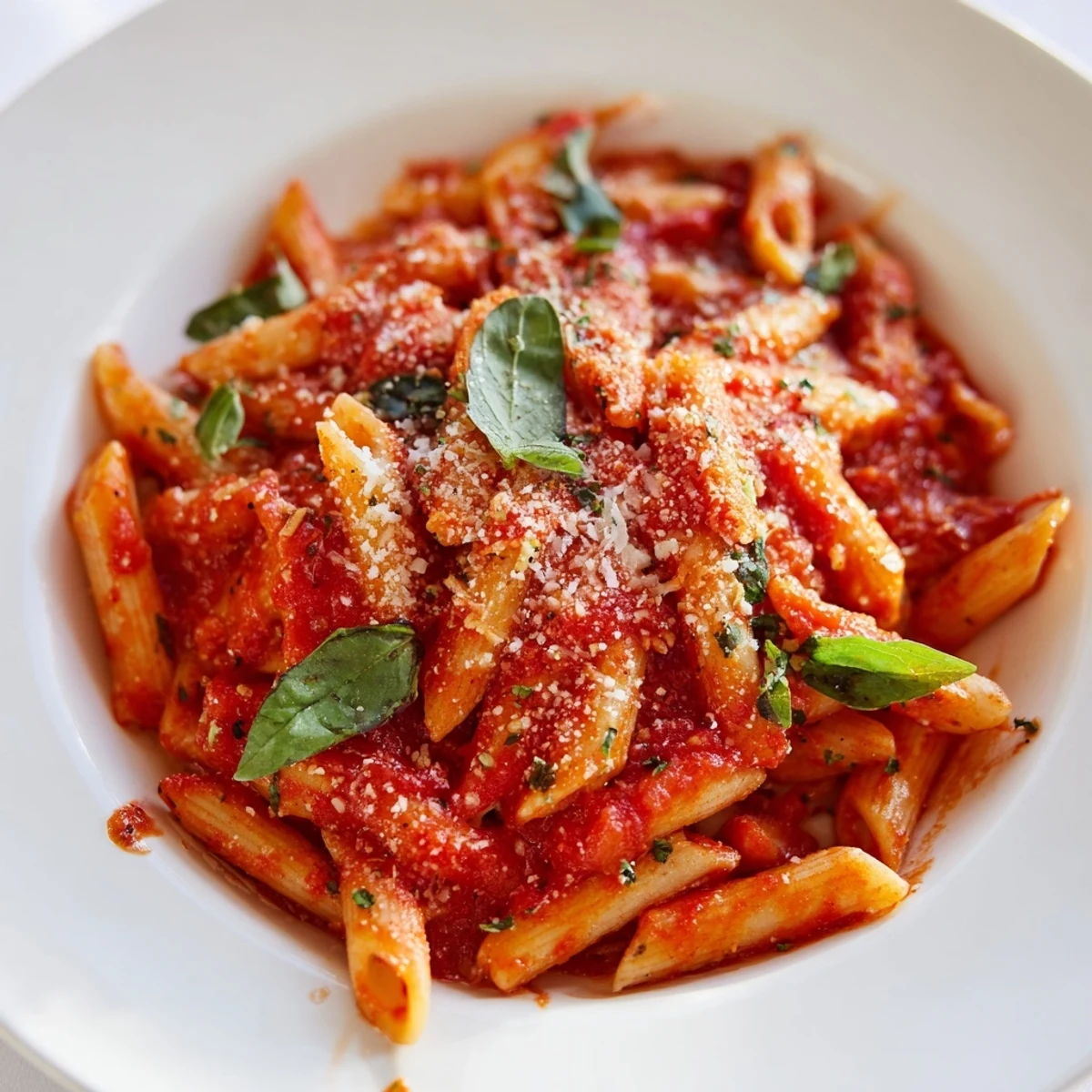 Close-up of a flavorful tomato pasta dish, ideal comfort food topped with grated cheese.