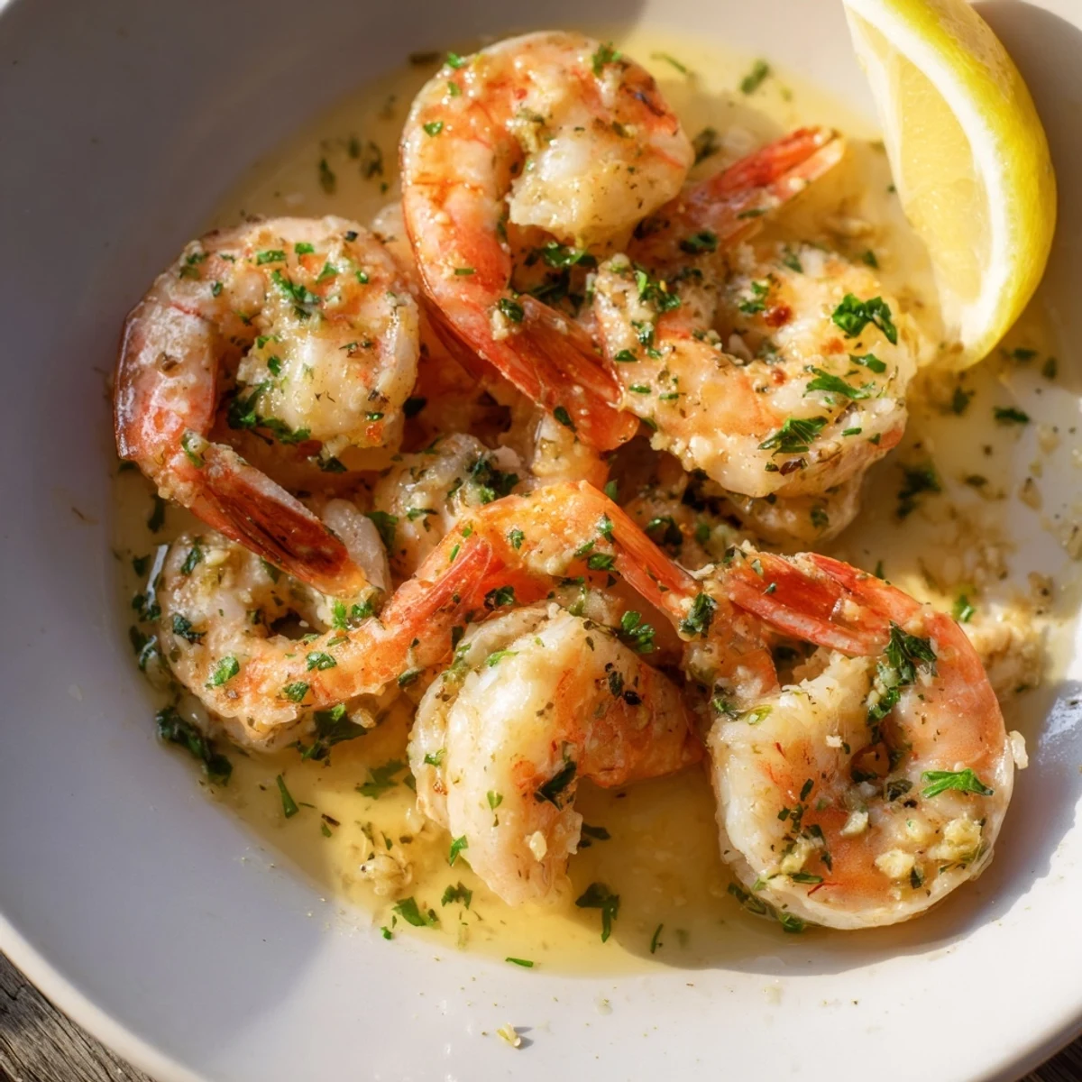 Golden, glistening shrimp garlic entree, swimming in a buttery, lemon sauce, ready to serve alongside pasta.