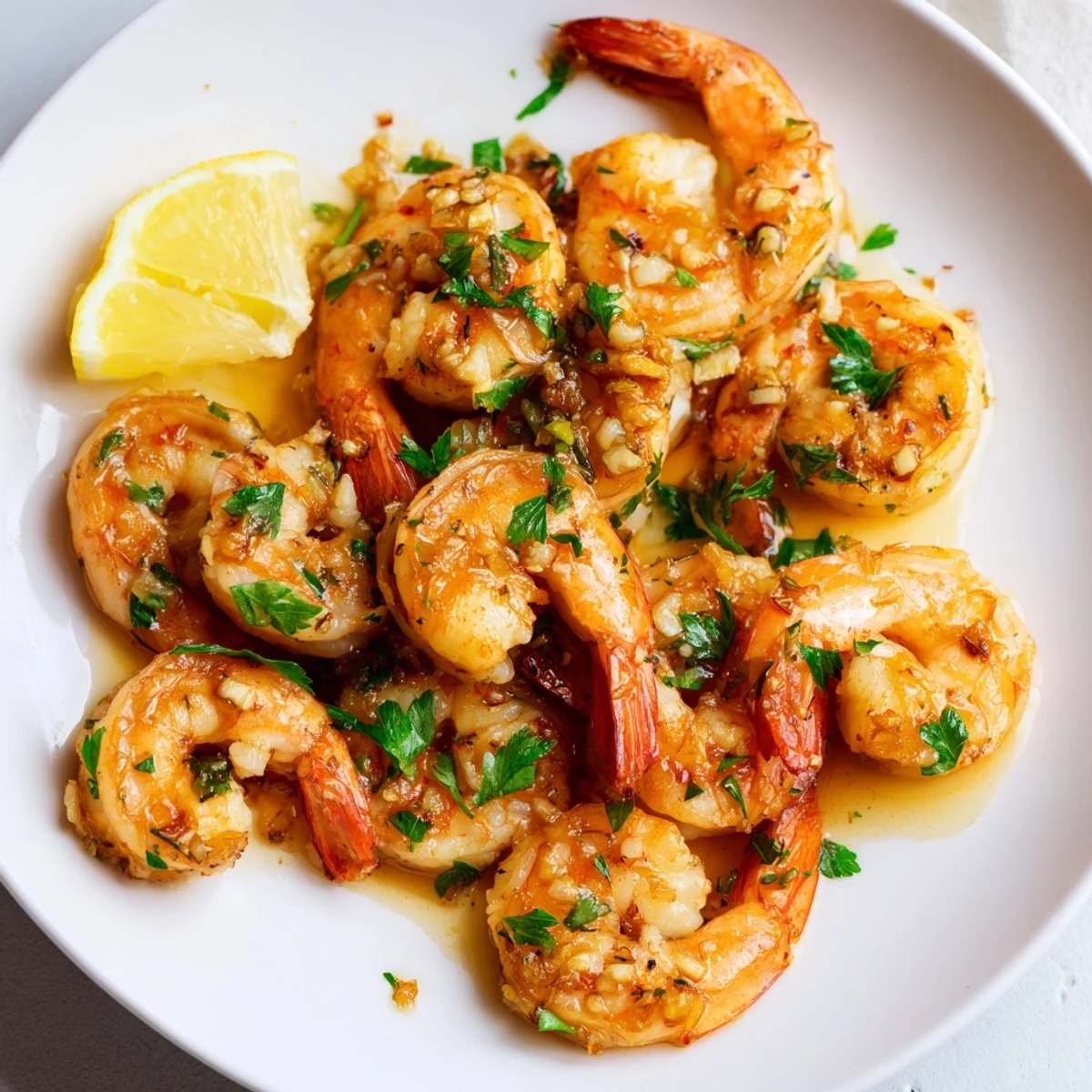 Close-up of freshly cooked shrimp garlic in a skillet; the garlic and lemon sauce looks savory.