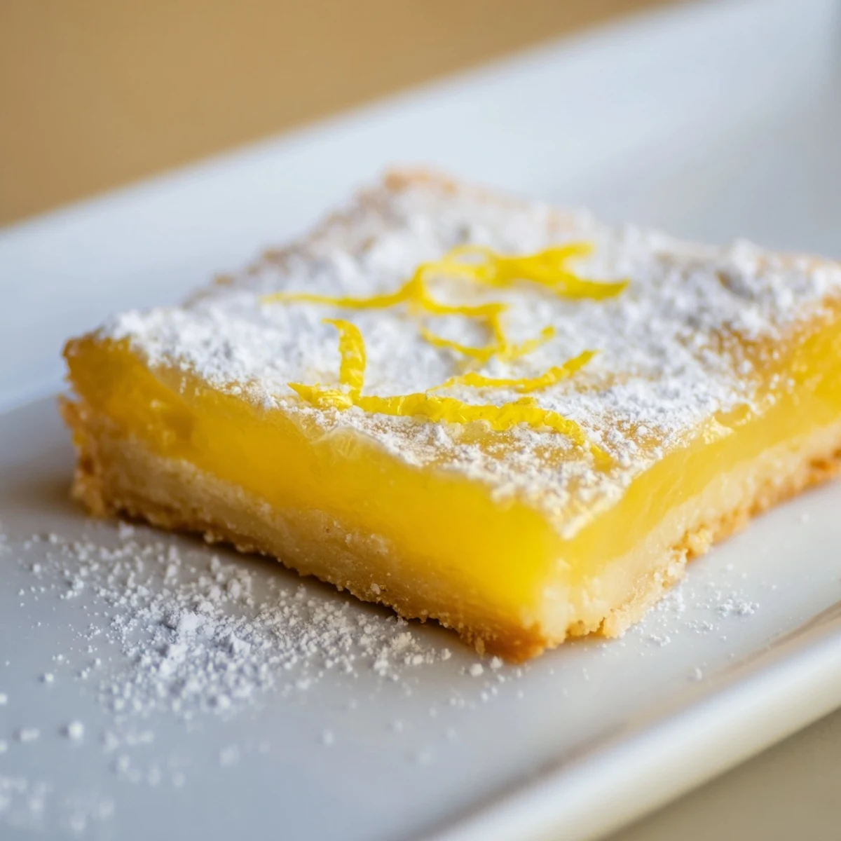 A close-up of perfectly cut lemon bars showing a bright yellow filling atop buttery crust.