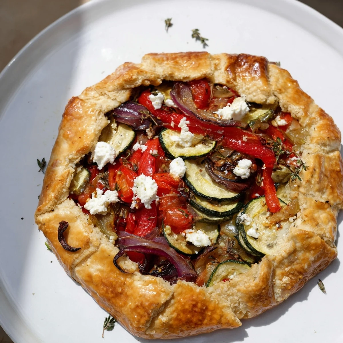 Flaky, golden Savory Galette with roasted vegetables and creamy goat cheese filling, ready to serve.