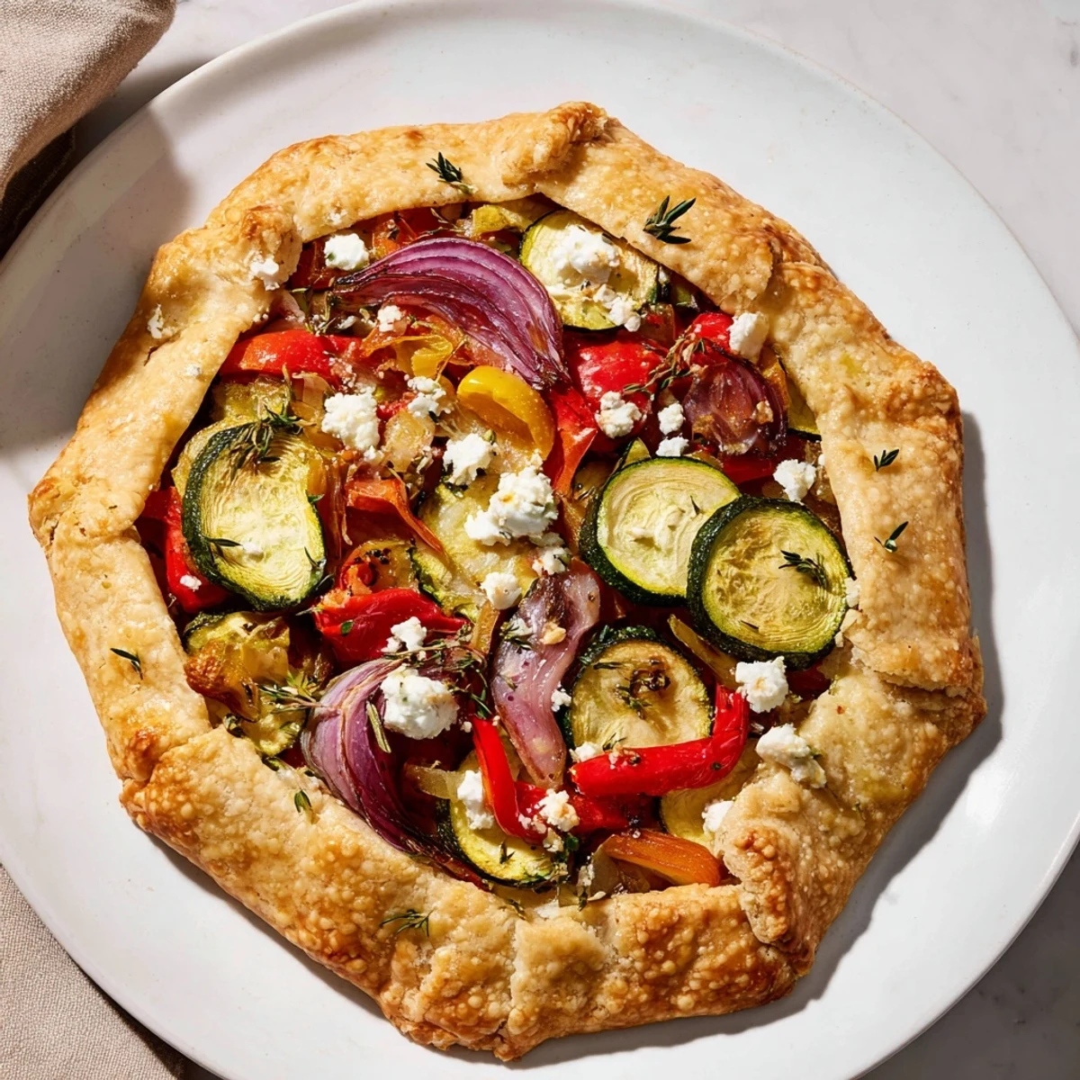 Fresh from the oven, this Savory Galette boasts a delightfully crisp crust and colorful vegetable topping.