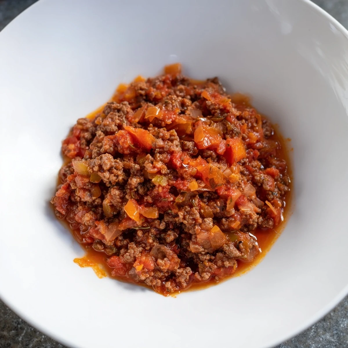 A steaming bowl of Bolognese Beef, rich red sauce glistening, served over fluffy pasta.