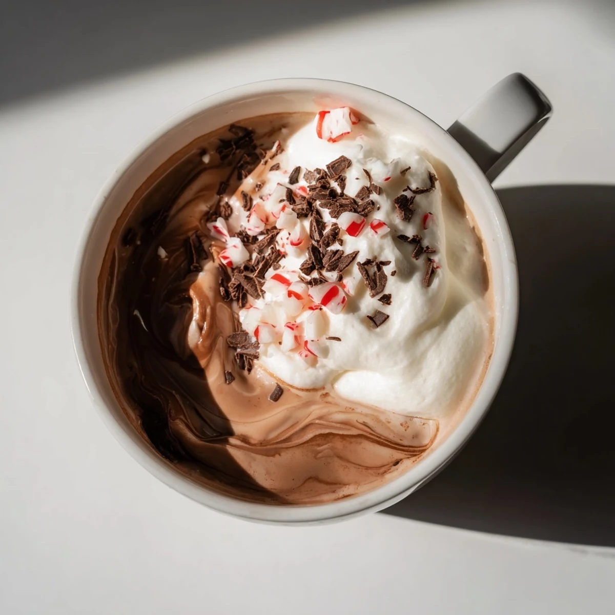 Steaming mug of Cocoa Peppermint hot chocolate, crowned with whipped cream and crushed candy canes.
