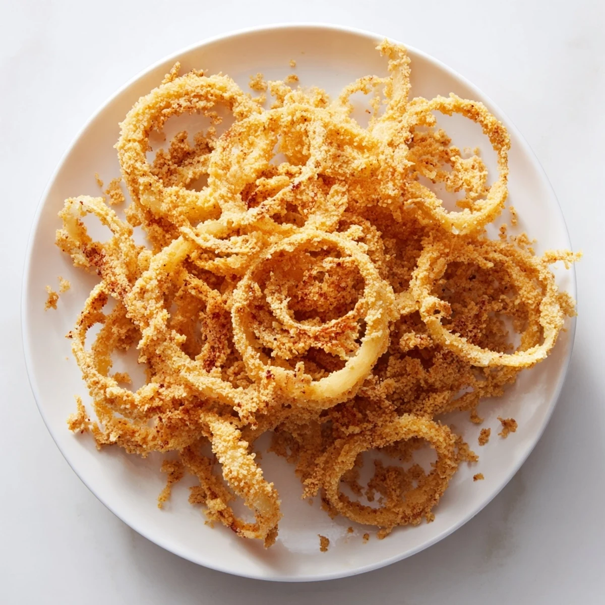 Close-up of golden, fried onion crisps, perfect for adding crunch to your salads.