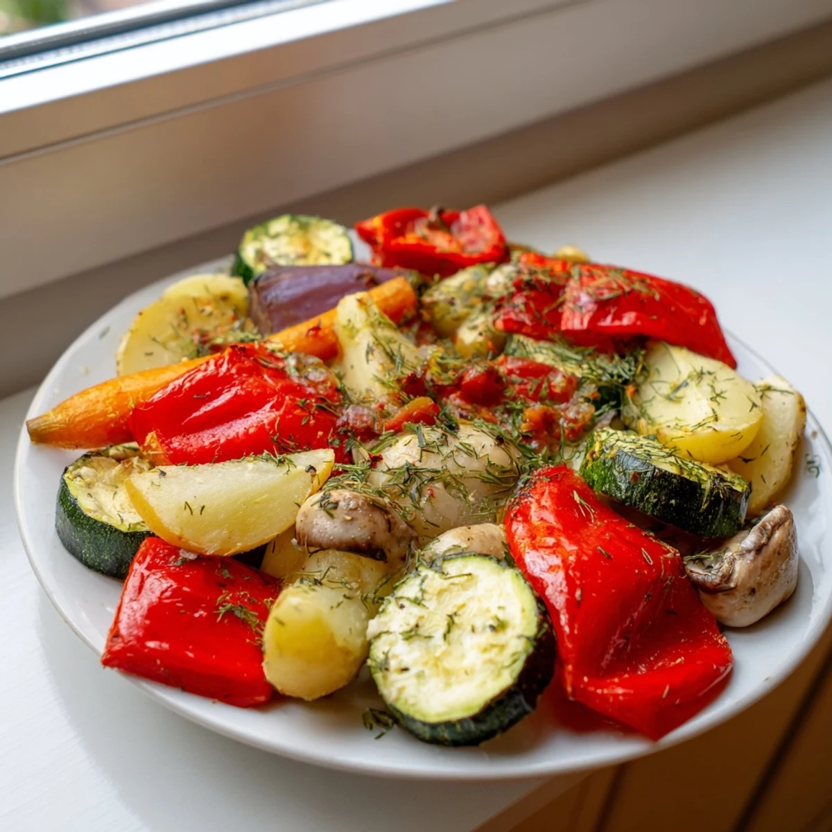 Vibrant image shows Vegetable Roasted, glistening from olive oil, caramelized and ready to serve.