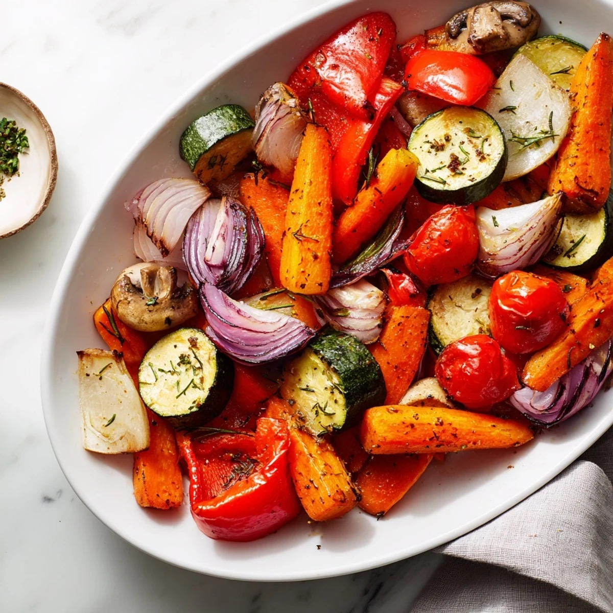 Golden roasted Vegetable Medley presents a colorful, flavorful side dish and healthy alternative.