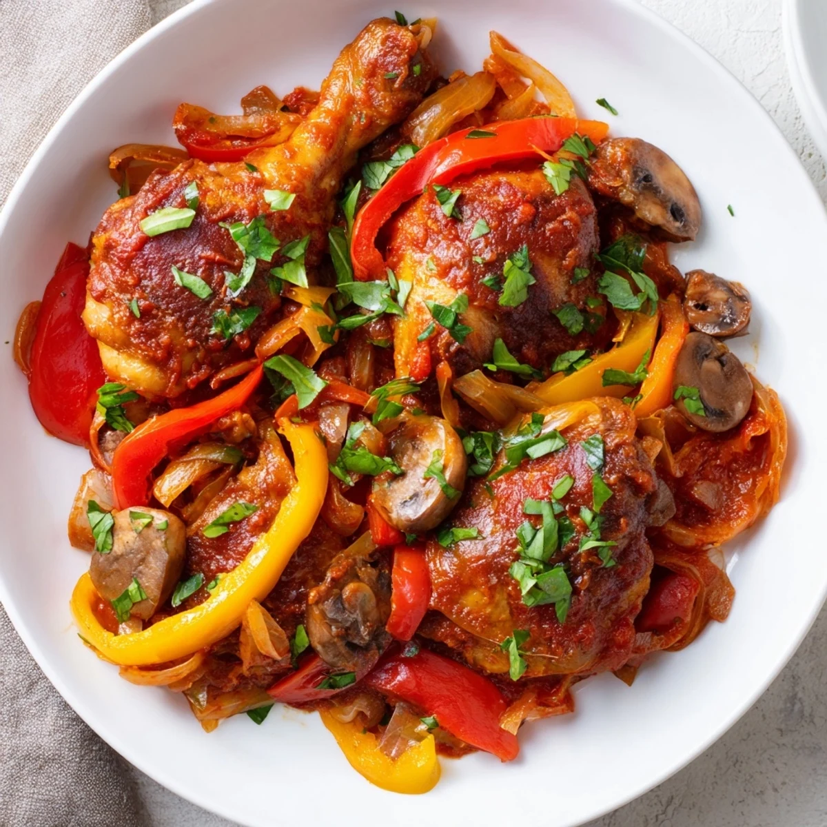 Tender slow cooked chicken cacciatore, a vibrant Italian stew, simmers with vegetables and herbs.