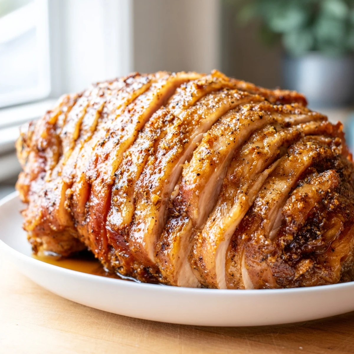 Sliced Glazed Ham-Free Turkey Roast showcasing tender meat and a rich, amber glaze.