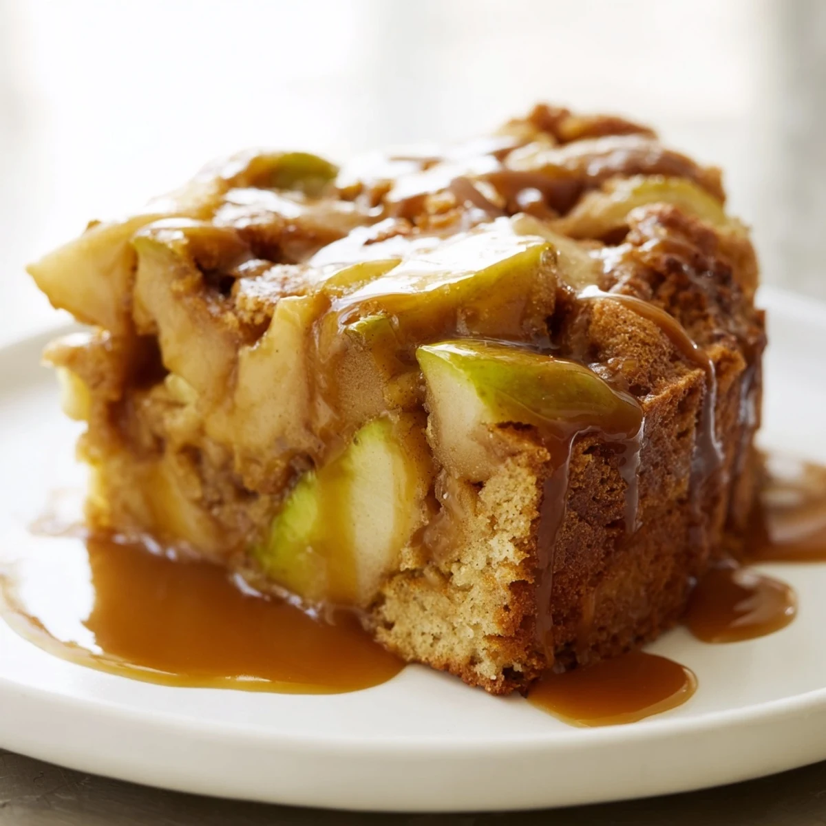 A slice of Sticky Toffee Apple Cake, with warm toffee sauce dripping over juicy apples.