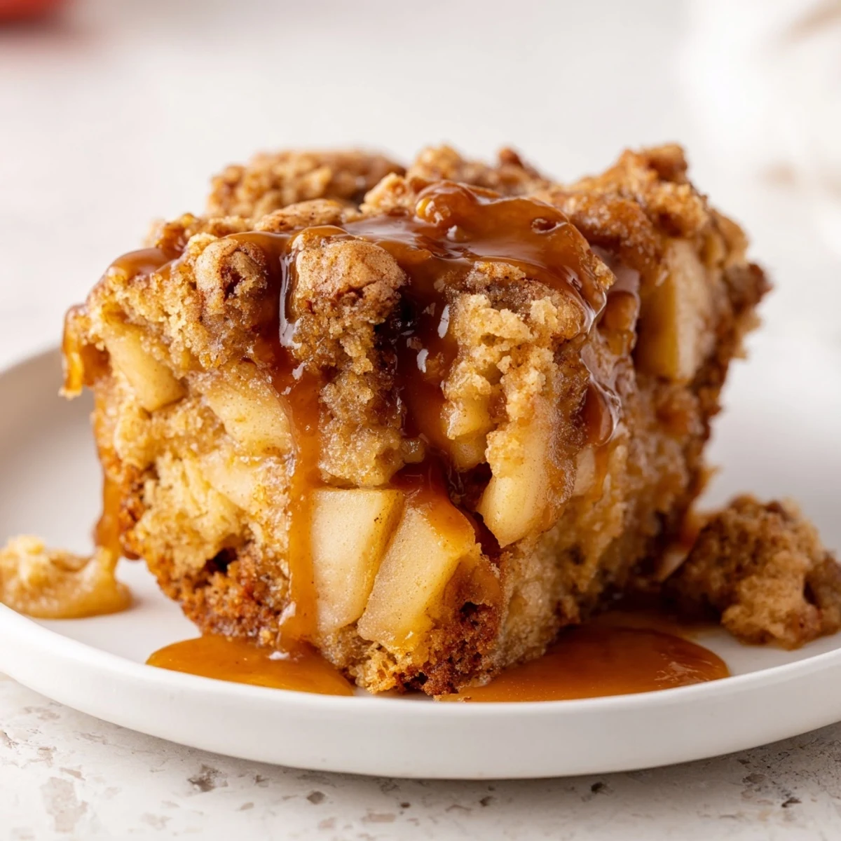 Warm, spiced Sticky Toffee Apple Cake, perfect for a cozy fall evening dessert, served with ice cream.