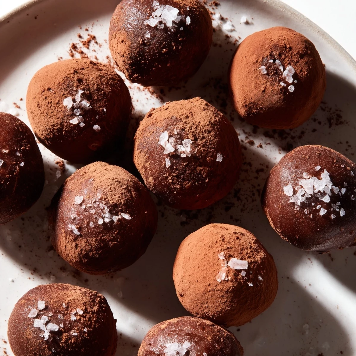 Dark chocolate truffles glistening with cocoa, sprinkled with sea salt, ready for a delicious bite.
