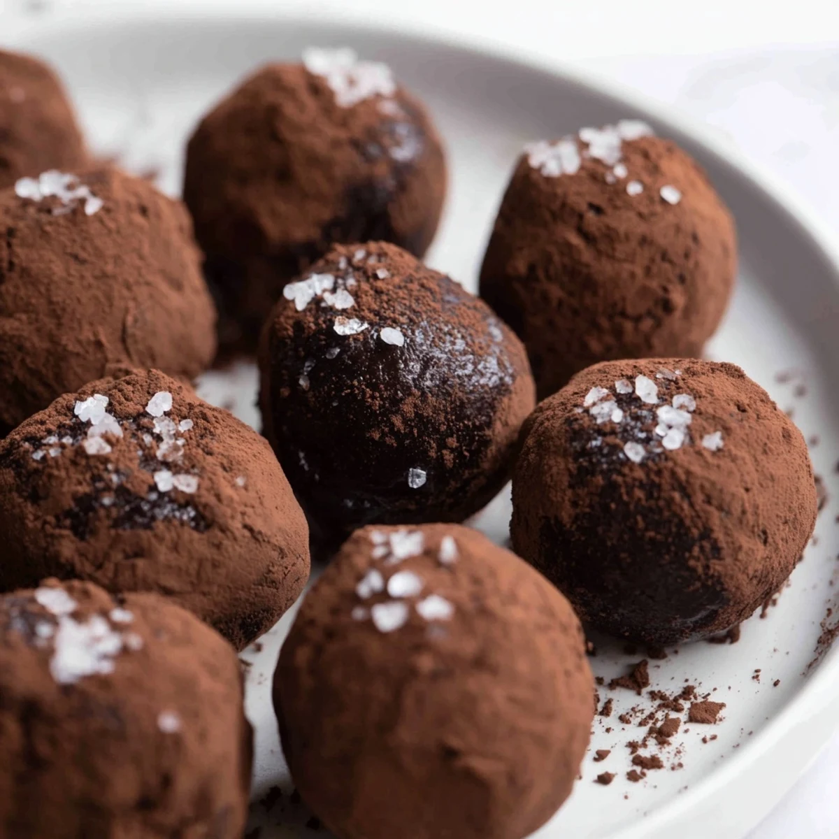 A close-up of handmade dark chocolate truffles, coated in cocoa and subtly salted.