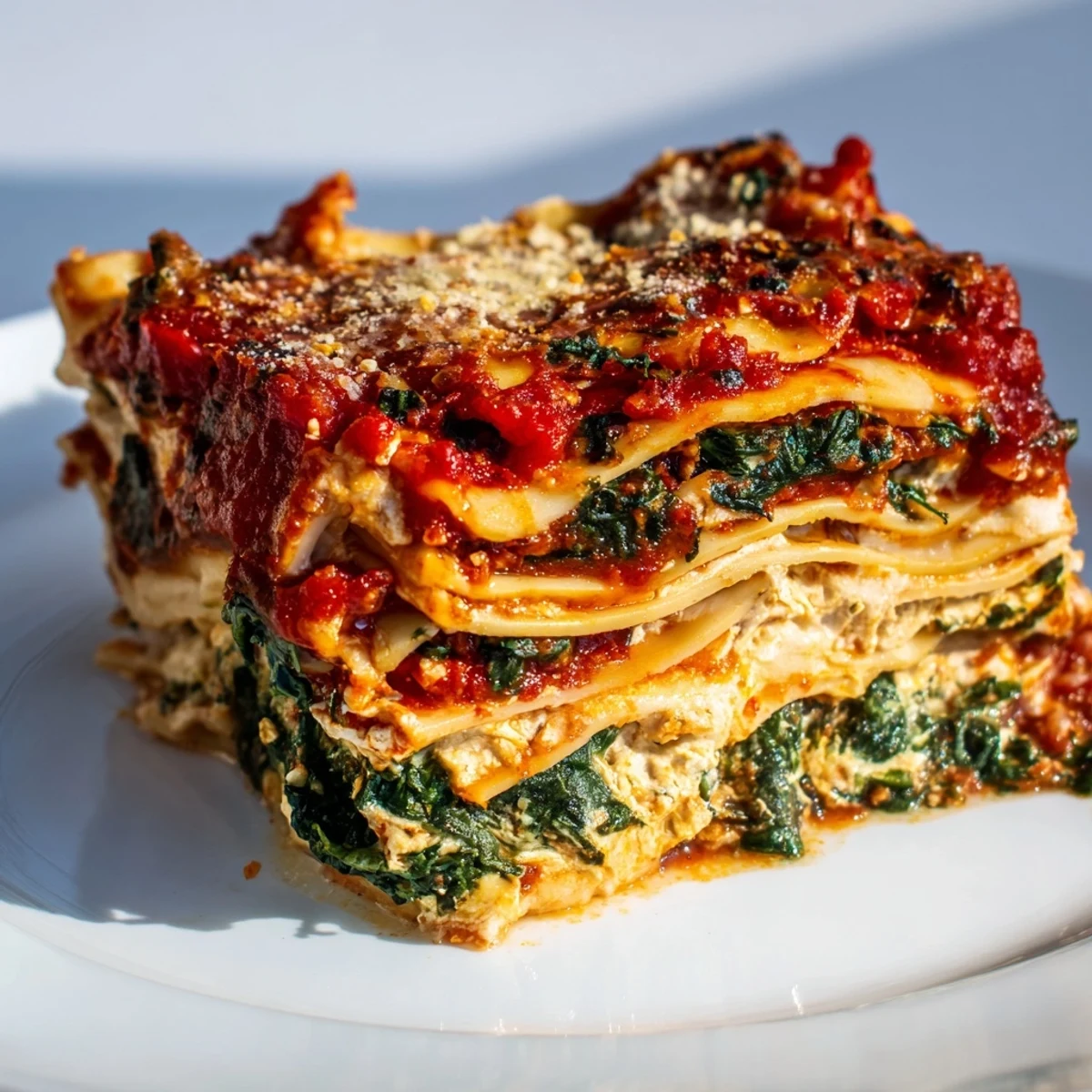 Bubbling vegetarian lasagna with spinach, mozzarella crust, and rich tomato sauce oozing from layers.