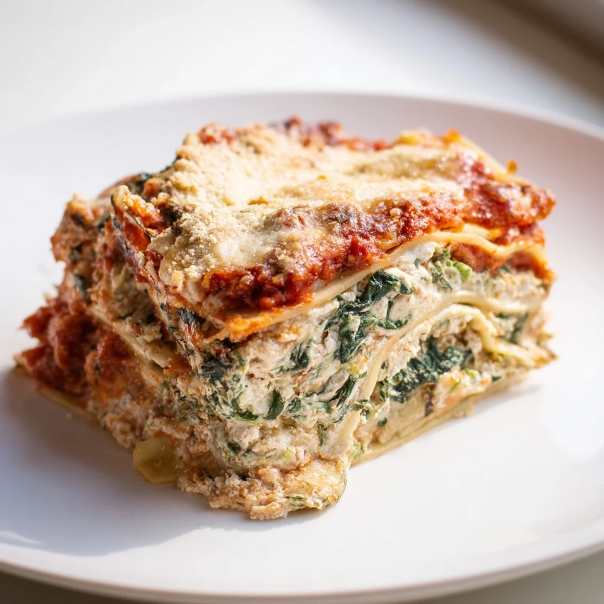 A close-up shot of a warm, cheesy vegetarian lasagna with spinach, ready to serve and enjoy.