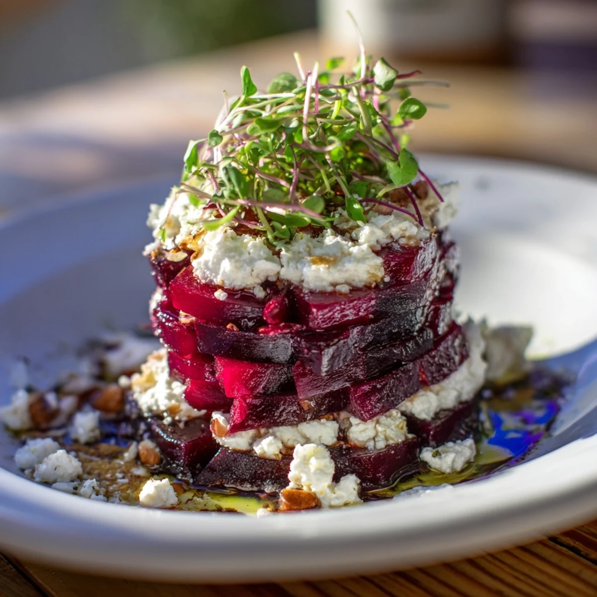 A beautifully plated Roasted Beet and Goat Cheese Stack with balsamic glaze, ready to serve.