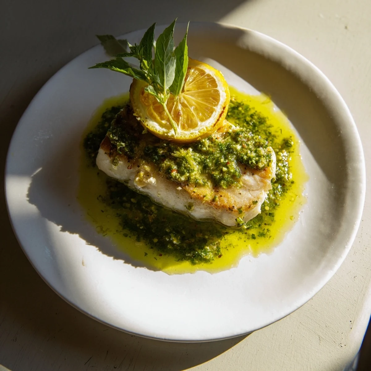 Crispy golden pan-seared sea bass topped with bright green, flavorful salsa verde.