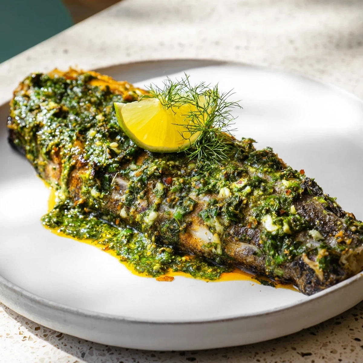 Flaky pan seared sea bass with vibrant salsa verde, ready to be enjoyed with a squeeze of lemon.