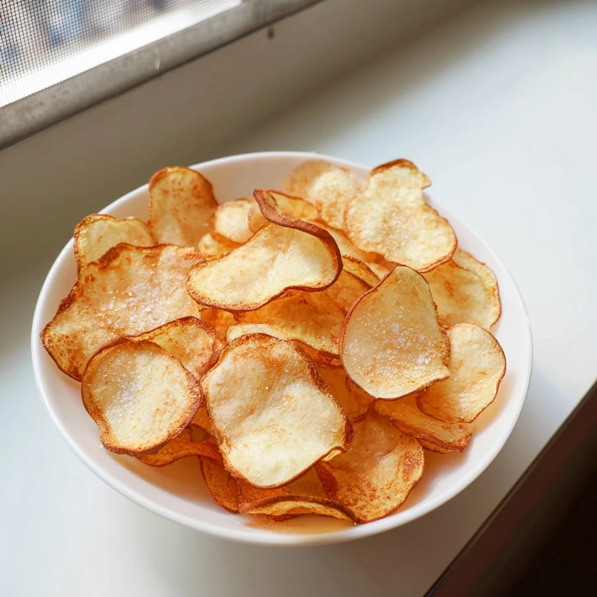 Golden, crunchy roasted sweet potato chips piled high, seasoned with smoky paprika for a delicious snack.