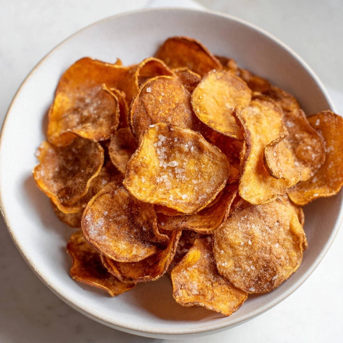 Freshly baked and fragrant roasted sweet potato chips, a colorful and healthy side dish, ready to eat.