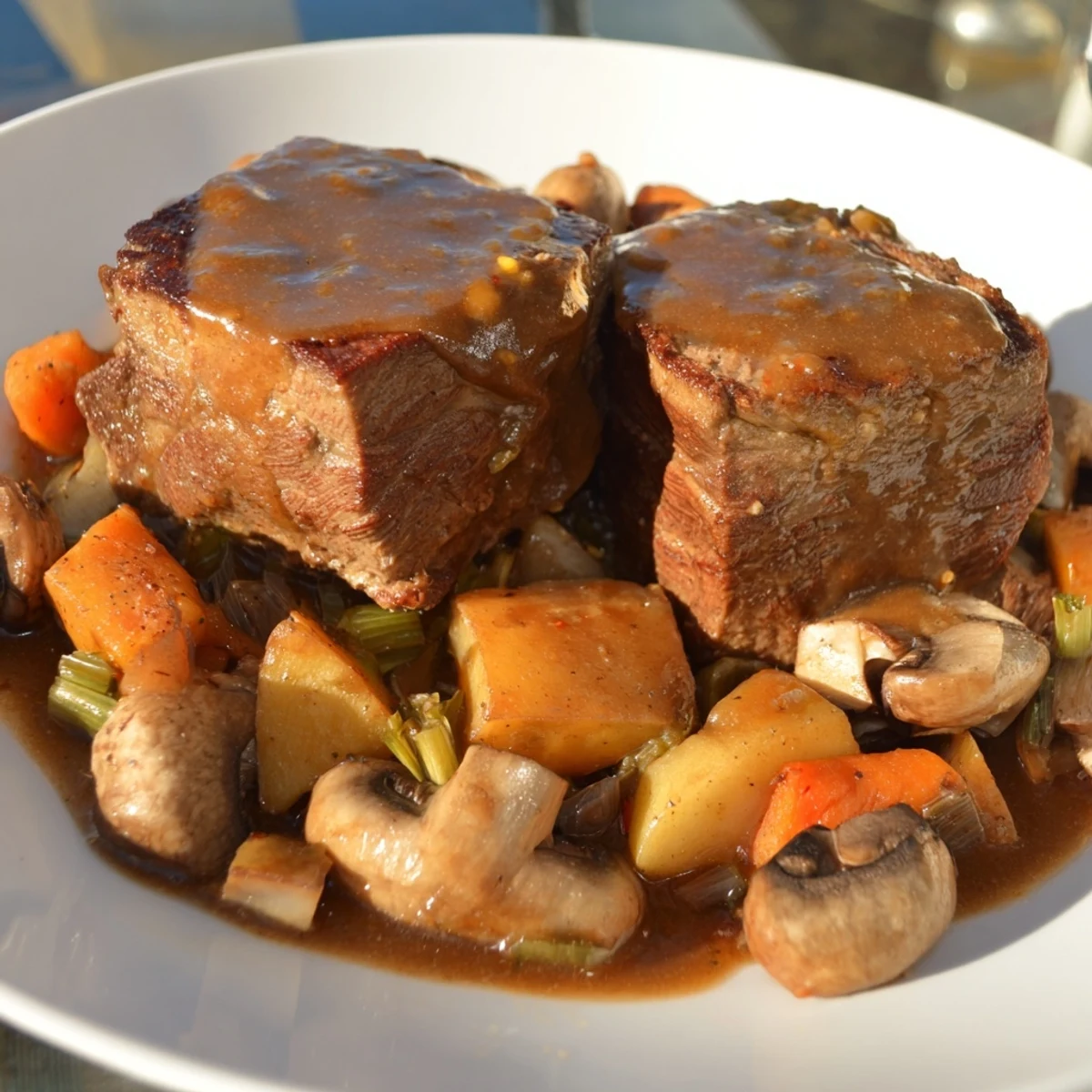 Tender chunks of beef in braised beef stew, glistening in a rich, savory sauce.