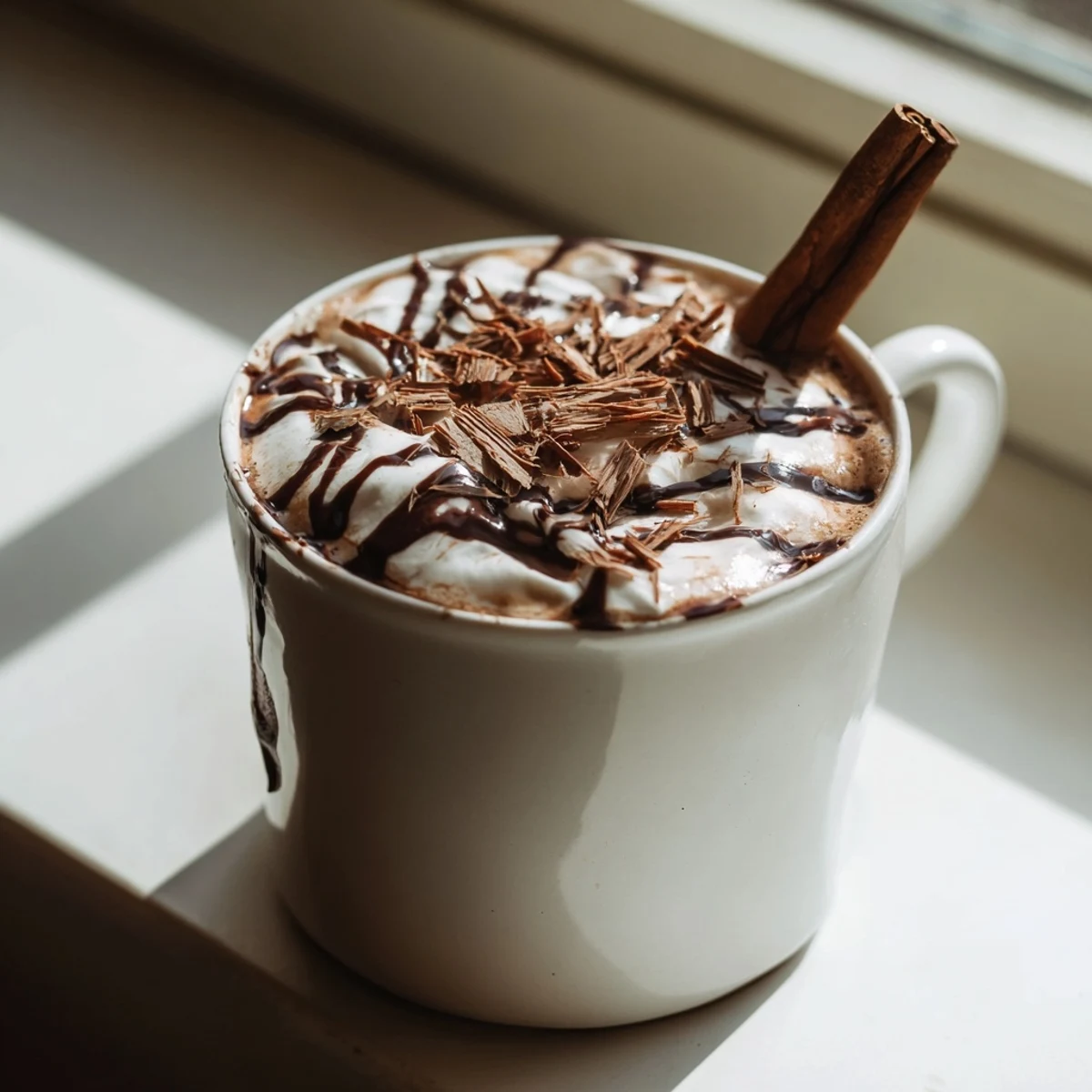 Steaming mug of Spiced Hot Chocolate, rich and dark, topped with whipped cream and chocolate shavings.